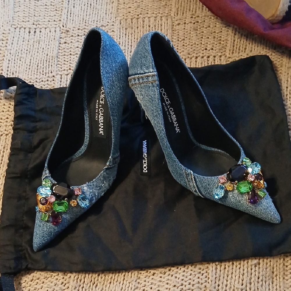 Dolce & Gabbana Denim Heels with Jewel Accents